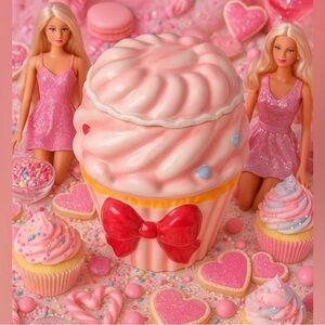 Pink Cupcake Ceramic Cookie Jar with Red Bow Coquette Kitchen Decor NWT